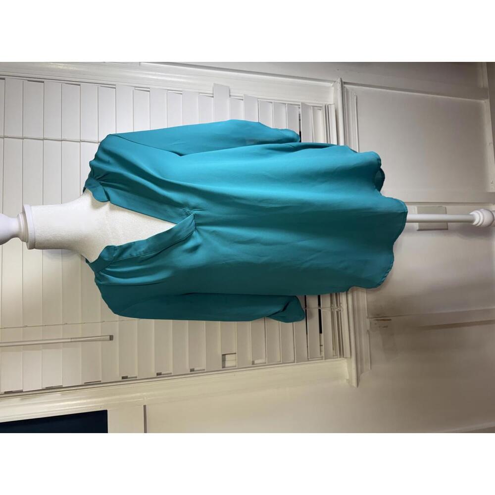 Three Pink Hearts Medium Teal Long Sleeve V-Neck Blouse with Button Tab Sleeves
